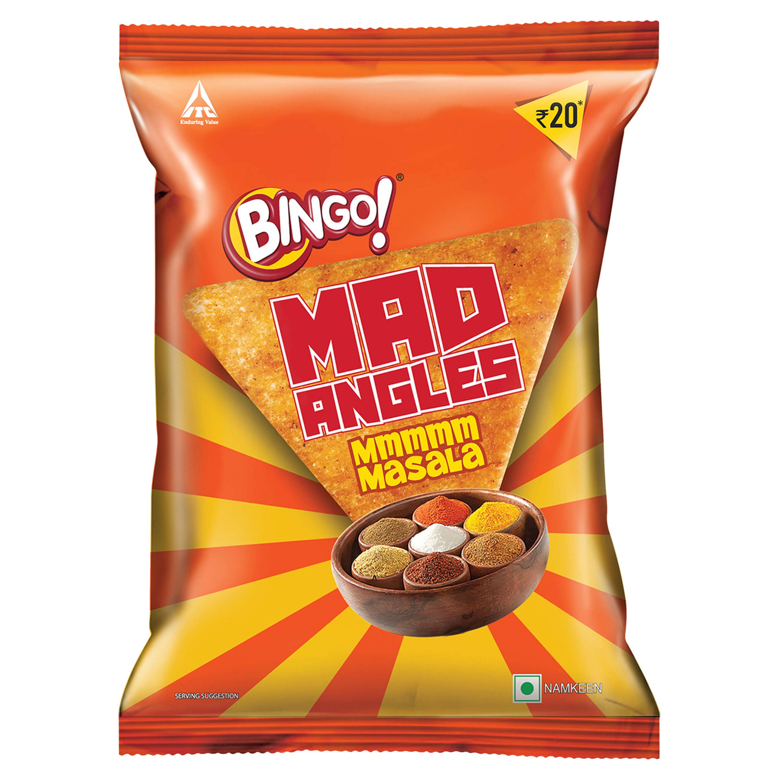 Bingo! Mad Angles Mmmmm Masala – Masala Flavoured Corn-Based Triangle Chips Pack for Snacks - 66g – view 1