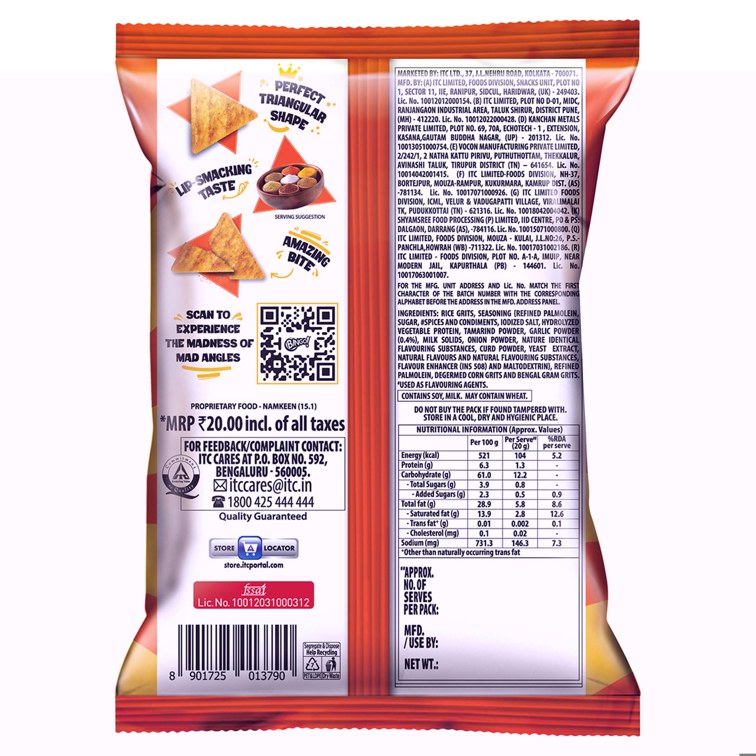 Bingo! Mad Angles Mmmmm Masala – Masala Flavoured Corn-Based Triangle Chips Pack for Snacks - 66g – view 2