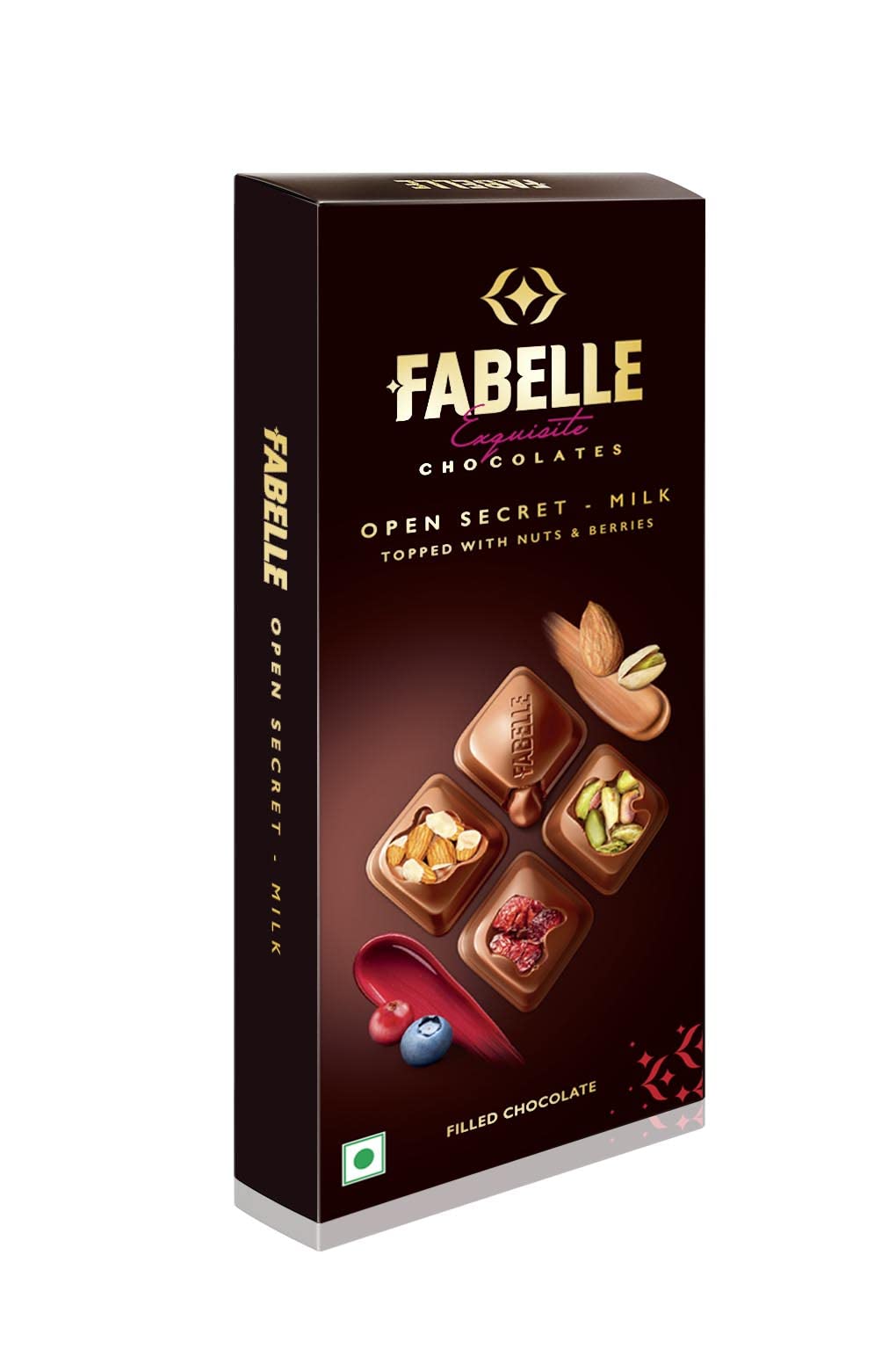 Centre-filled Fabelle milk chocolate bar topped with visible nuts and berries