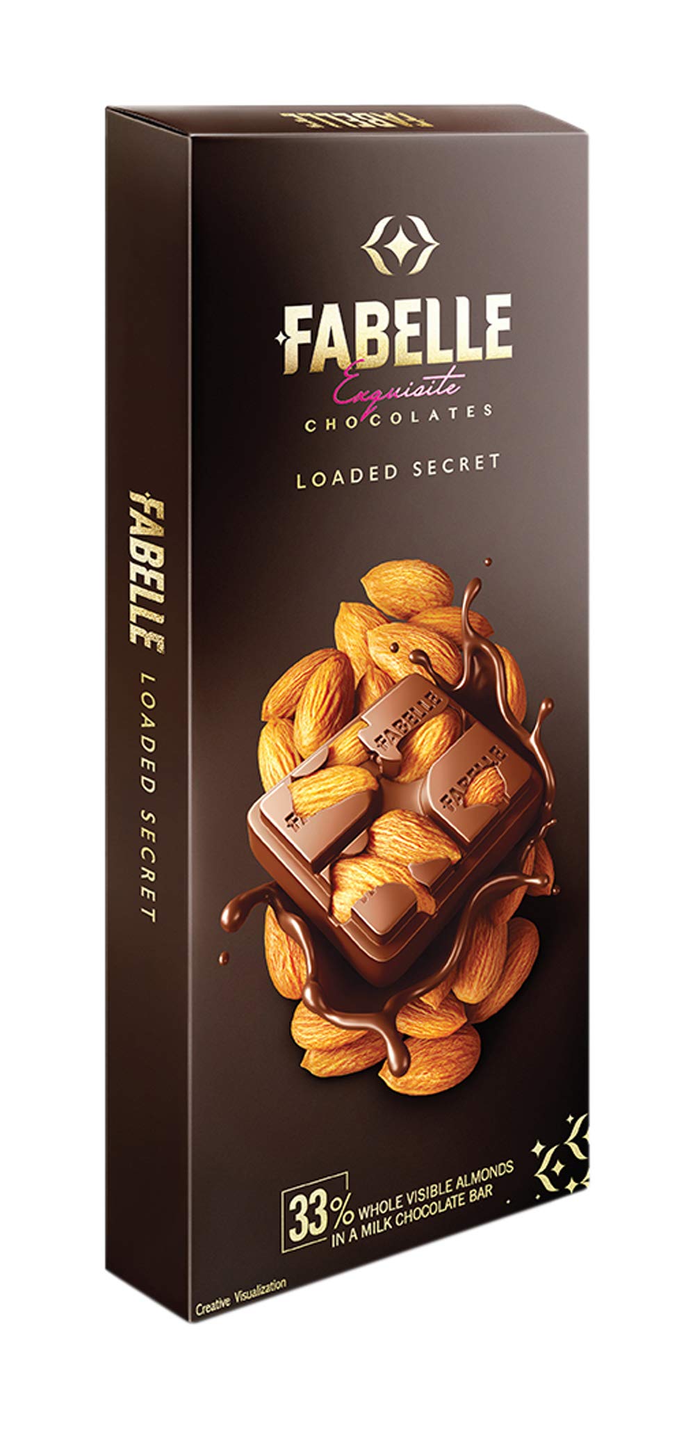 Boxed Fabelle dark chocolate almond bar with visible whole almonds