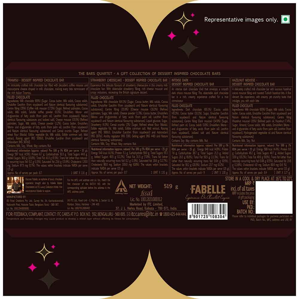 Fabelle The Bars Quartet - Diwali Chocolate Gift Pack, 4 Assorted Large Luxury Chocolate Bars, Premium Packaged Gift Chocolate Box, Centre-Filled Bars, Best Diwali Gift For Family, 519g – view 7