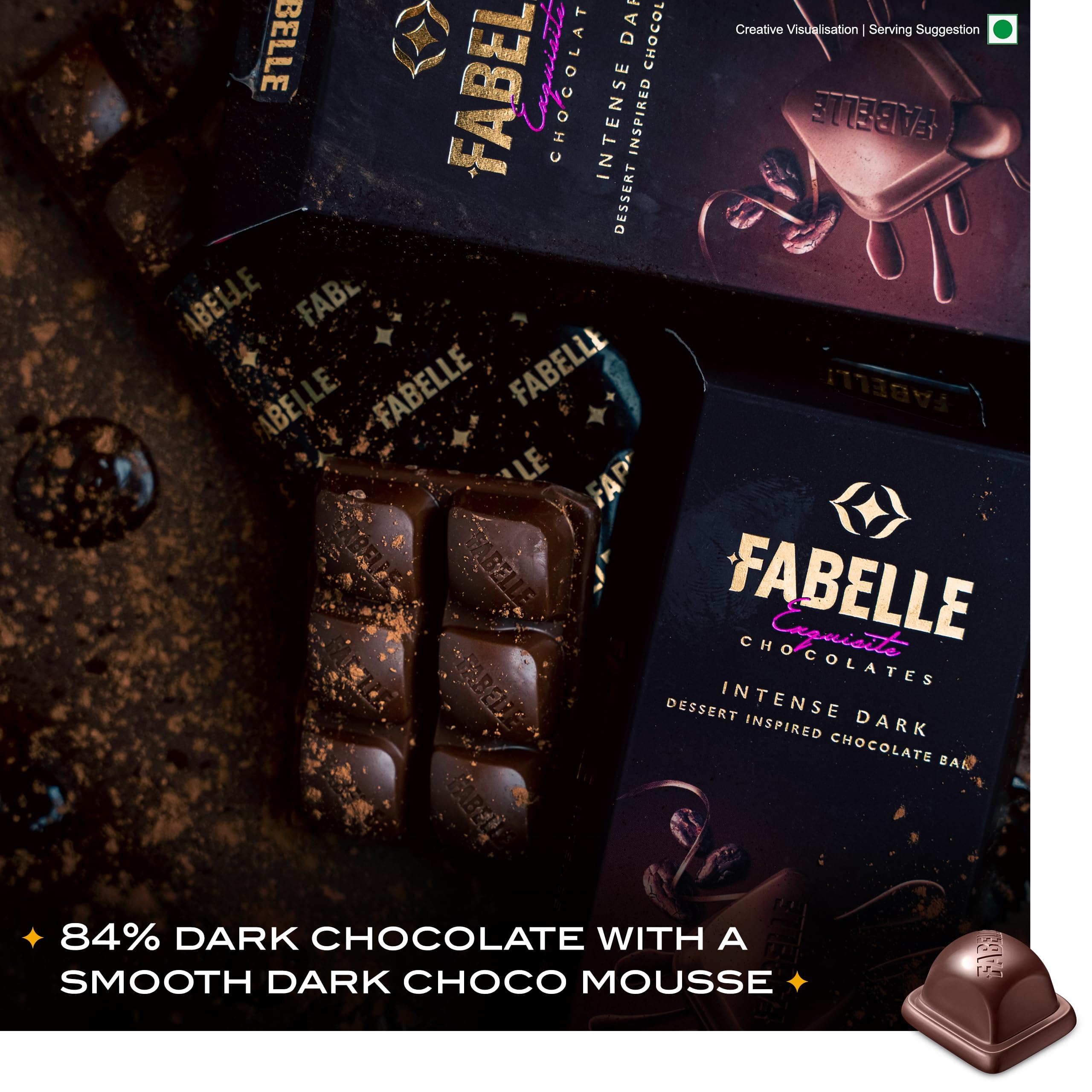 Fabelle Intense Dark - Chocolate, Large Luxury Dark Chocolate Bar with 84% Intense Dark Choco Mousse,130g – view 3