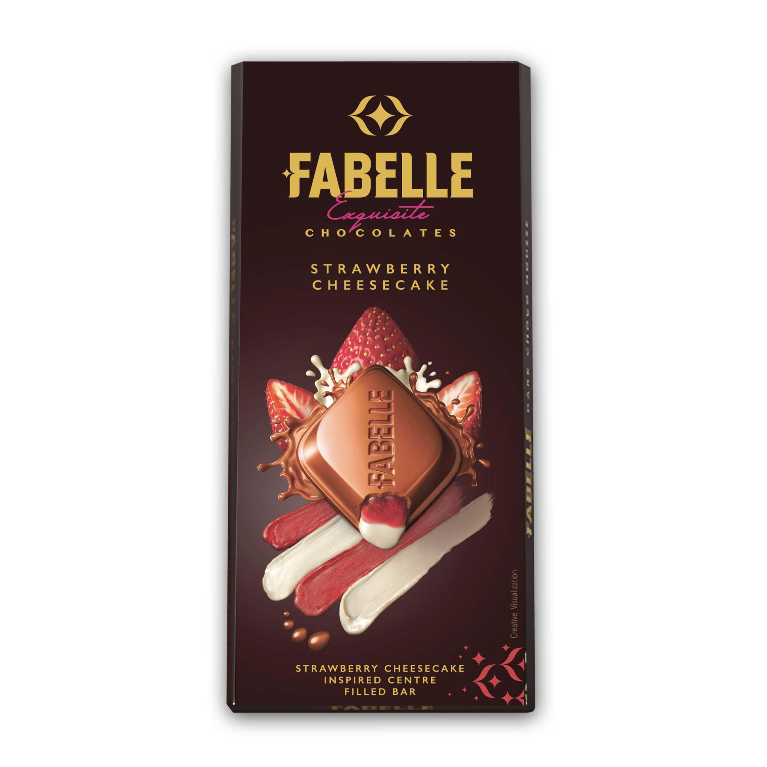 Boxed Fabelle milk chocolate bar with strawberry cheesecake filling