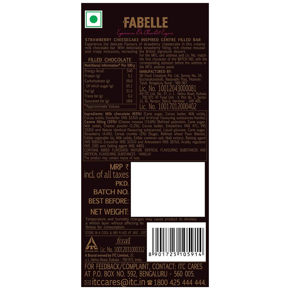 Fabelle Strawberry Cheesecake, Luxury Milk Chocolate Centre Filled Bar with Strawberry and Cheese Mousse, 131 g – view 2