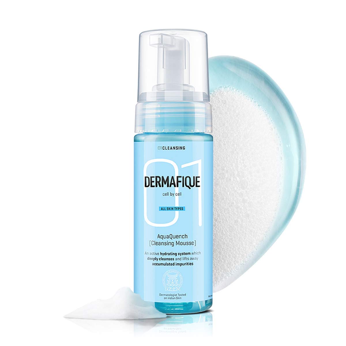 Dermafique Aquaquench face wash bottle with light foaming mousse cleanser
