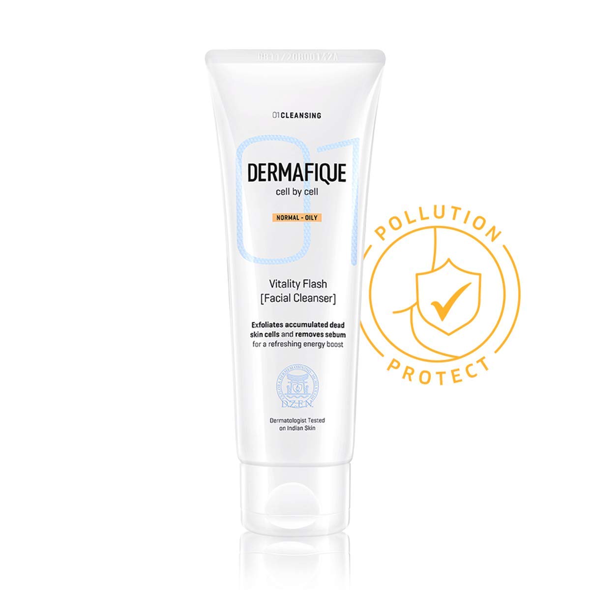 Dermafique facial cleanser tube with orange zest and Vitamin E formula