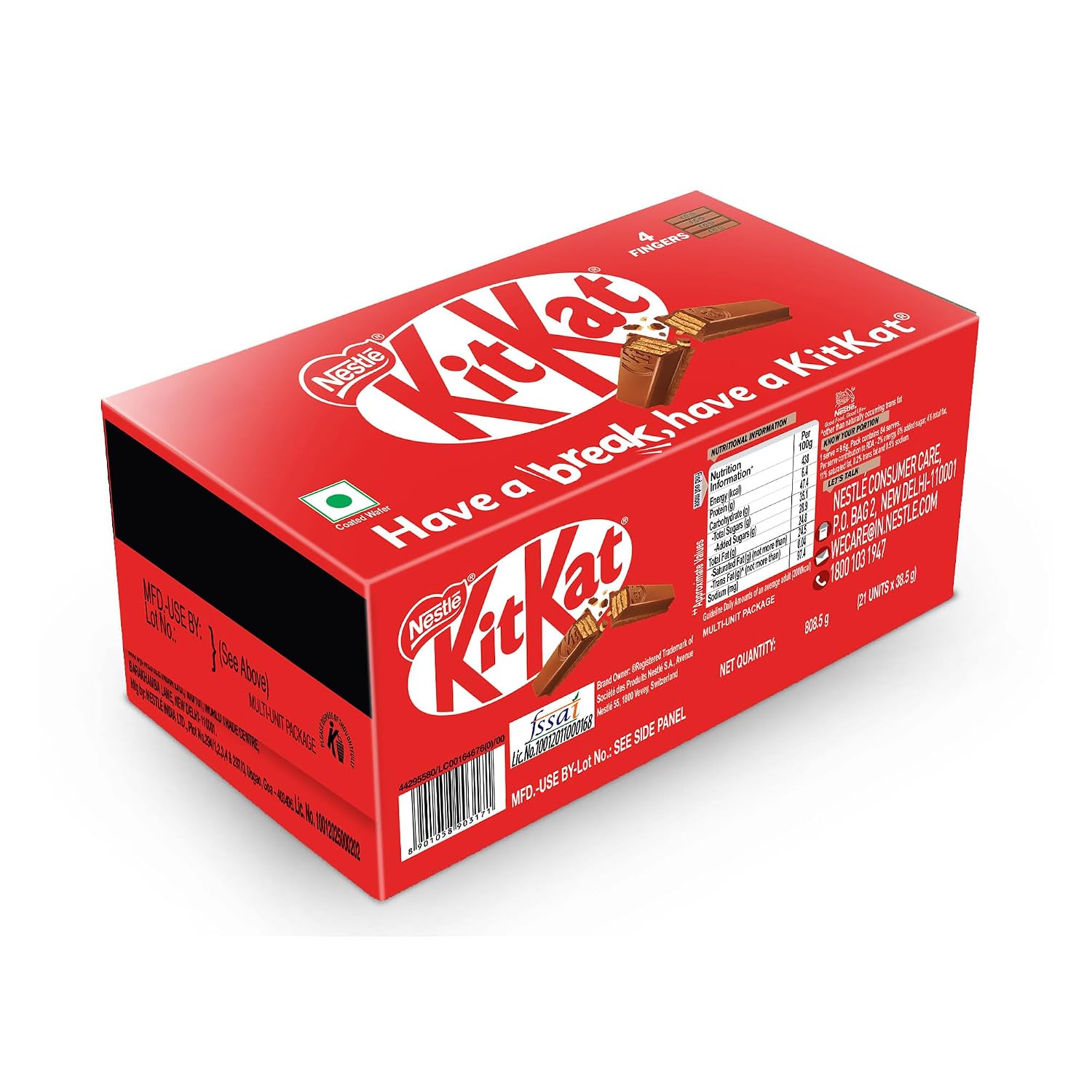 KIT KAT Nestle 4 Fingers Choco Coated Wafer Bar, (21 Units X 38.5g) ,808.5g