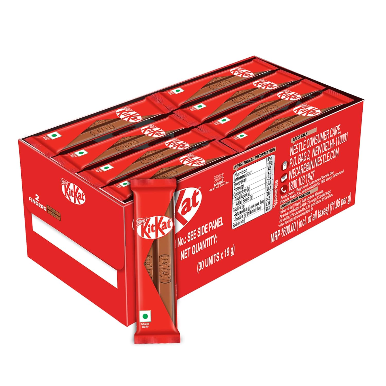 KIT KAT 2 Finger Choco Coated Wafer Bar 19g / 22.1g, Pack Of 30 Units, Box, 570g / 663g (Product Weight May Vary)