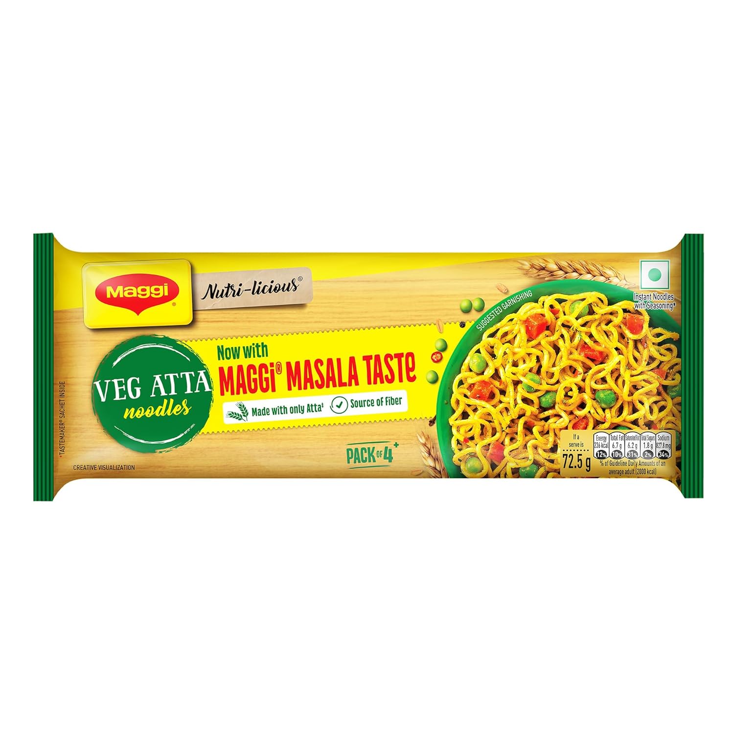 MAGGI Nutri-licious Veg Atta Masala Noodles, Instant Noodles with 20 Spices & Herbs, Source of Fibre & Iron, Atta Noodles with Appetizing Aroma & Delicious Taste, 290 grams