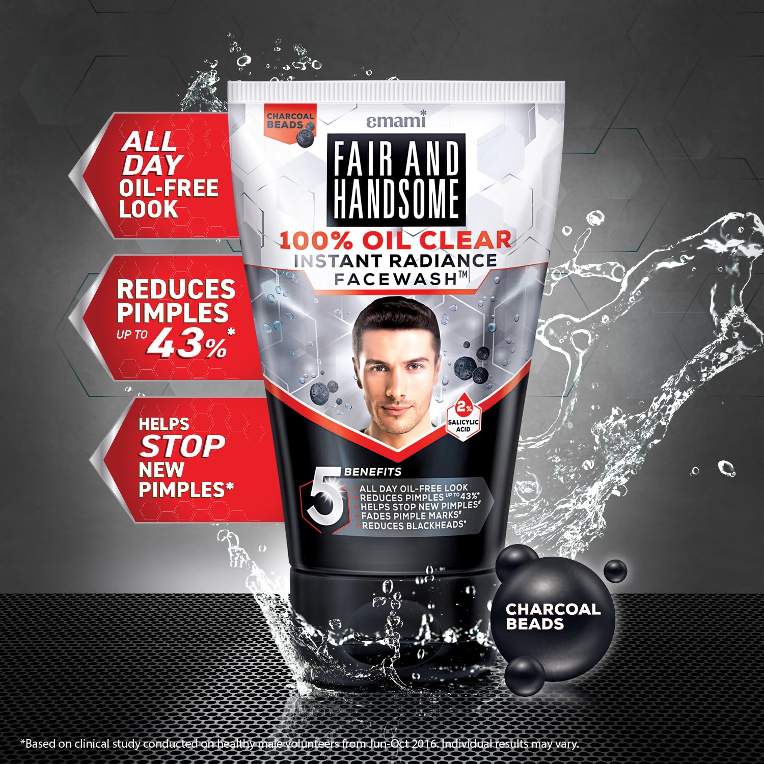 Emami Fair and Handsome Clear Dead Skin Cell Cooling Freshness Charcoal Beads Pimple and Blackhead Reduction Oil Clear Instant Radiance Face Wash For Oily Skin - 100g – view 3
