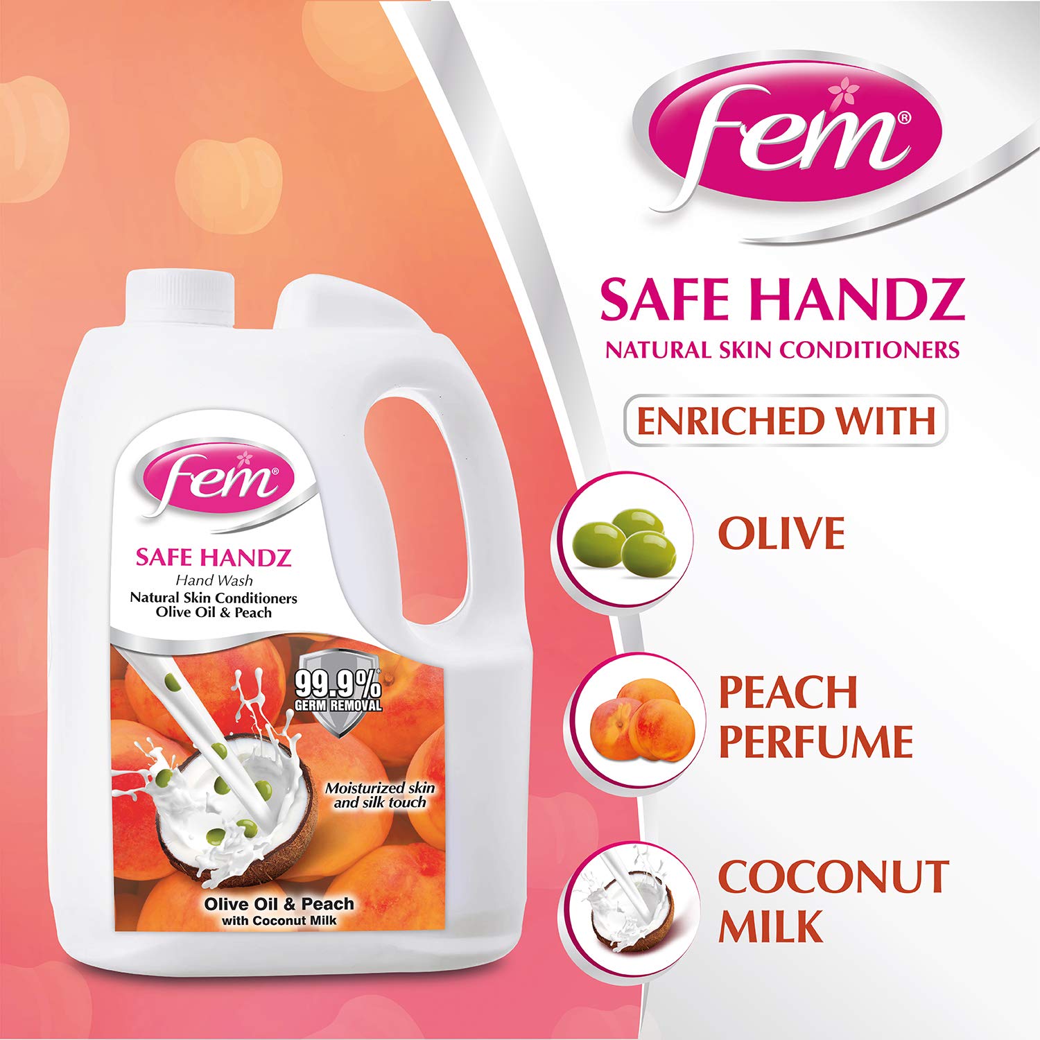 Fem Safe Handz Handwash Kills Germs Enriched With The Goodness Of Peach And Olive Oil Liquid Soap Refill Pack - 5 L – view 2
