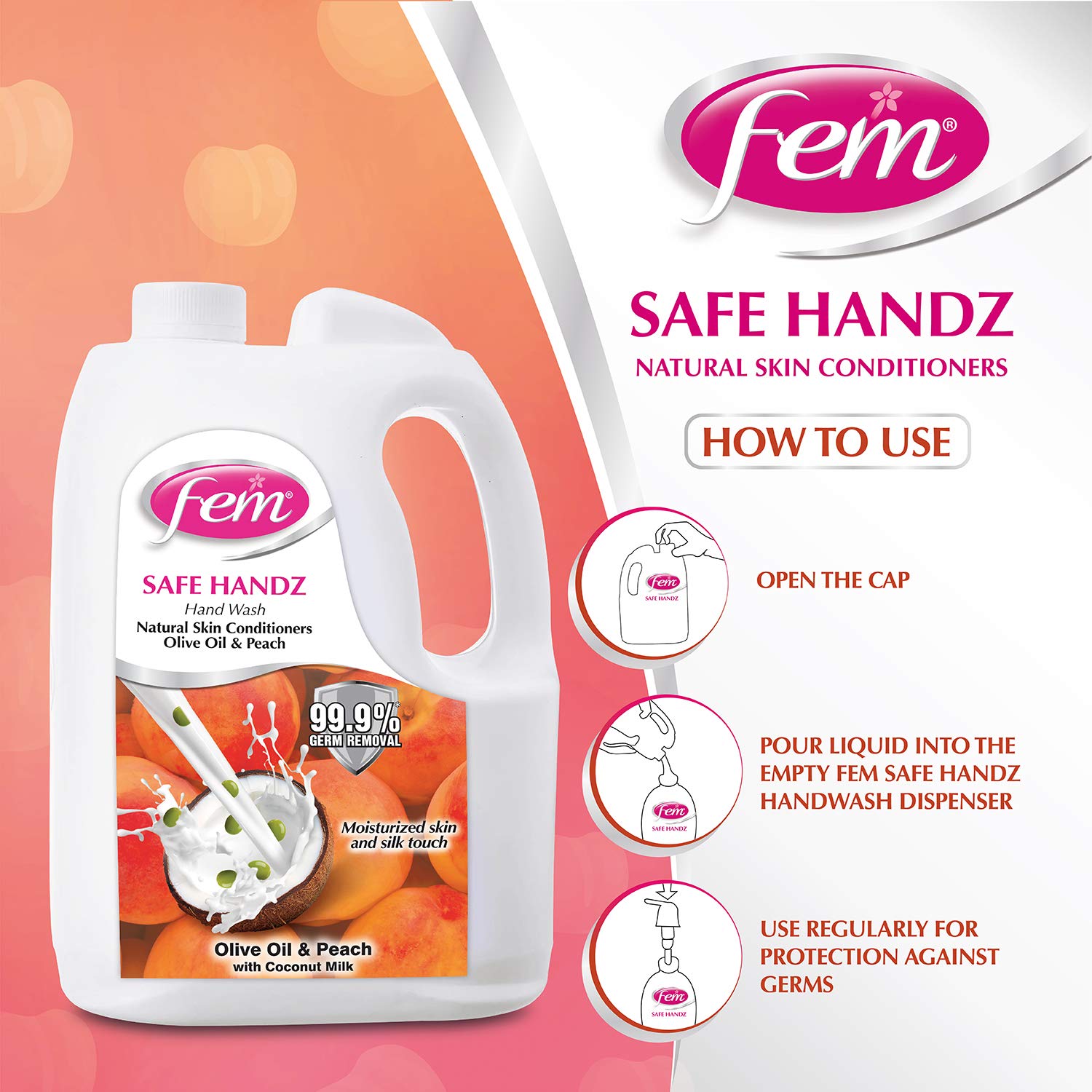 Fem Safe Handz Handwash Kills Germs Enriched With The Goodness Of Peach And Olive Oil Liquid Soap Refill Pack - 5 L – view 4