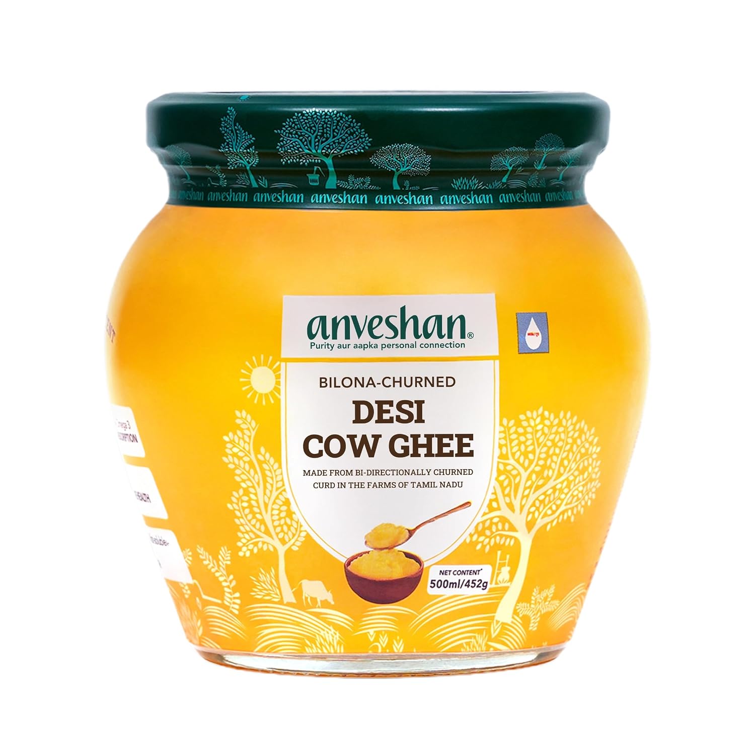 Anveshan A2 Cow Ghee 500 ml | Glass Jar | Bilona Method | Curd-Churned |Pure, Natural & Healthy | Lab Tested.