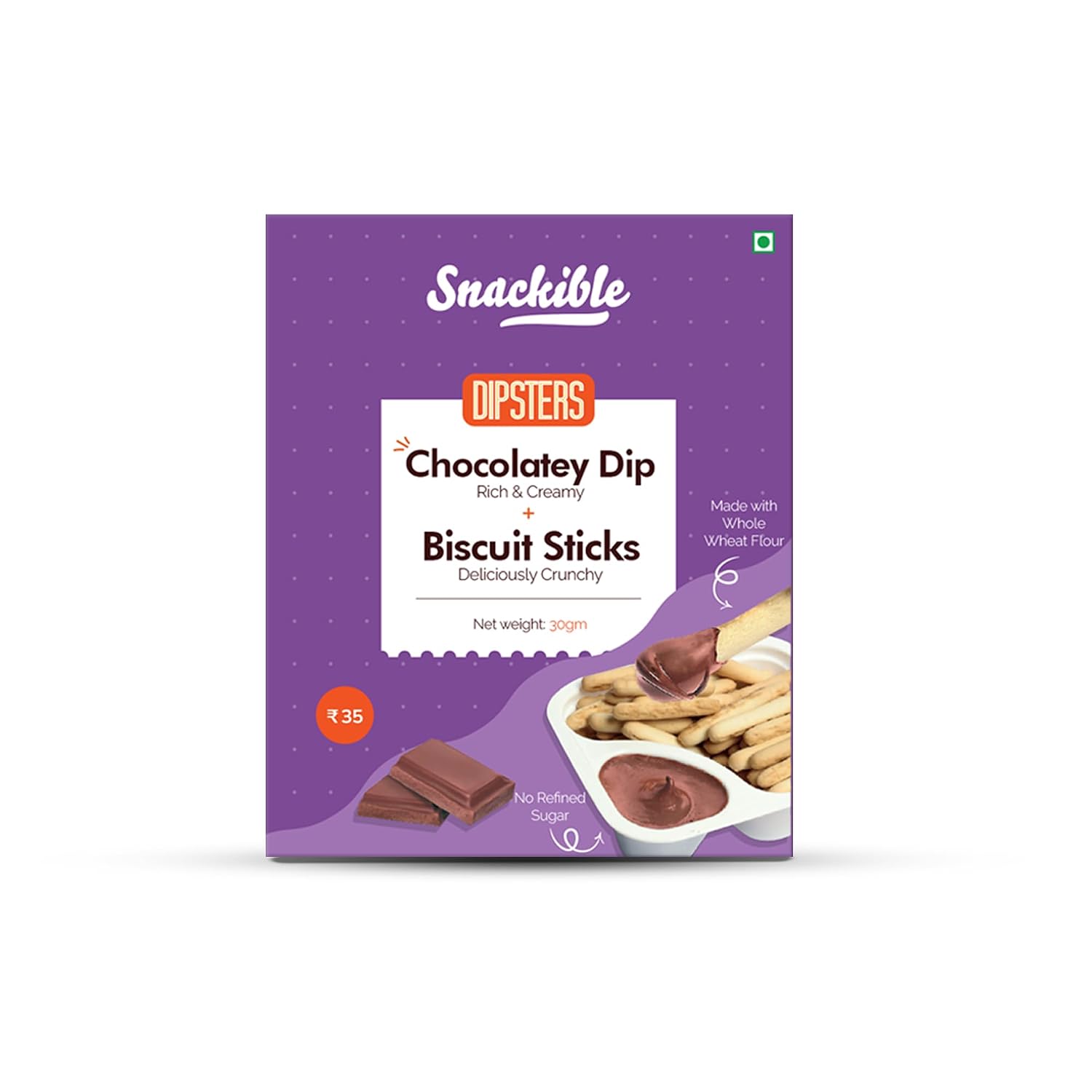 Snackible Dipsters Chocolatey Dip with Biscuit Sticks (Pack of 24) - 24x30gm | Baked | Biscuits & Dip | Chocolate | Healthy Dip