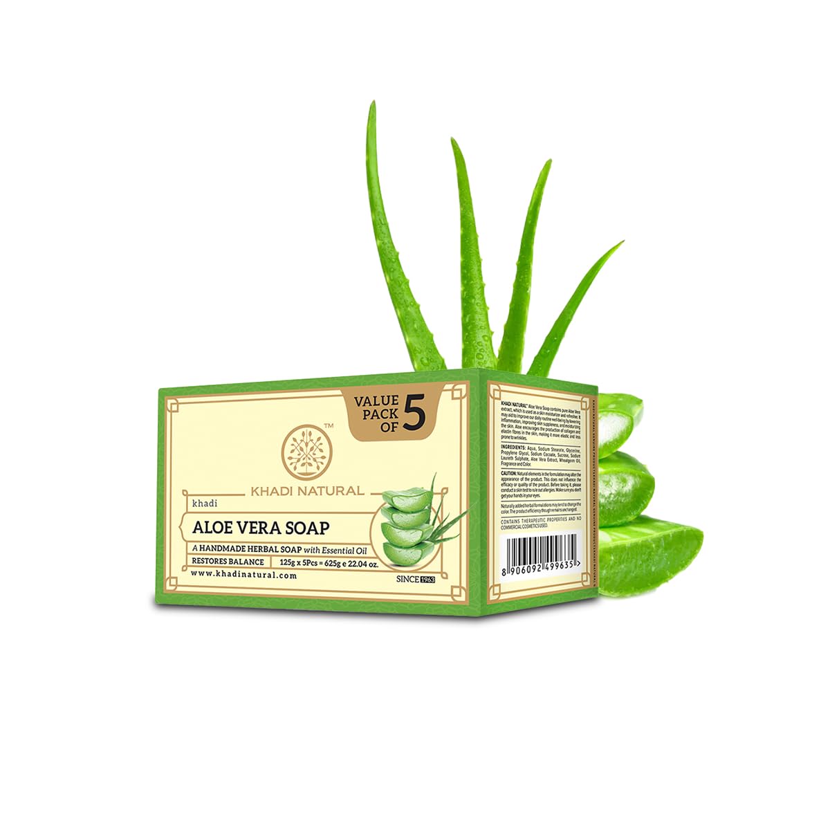 Five Khadi Natural aloe vera soap bars in value pack box
