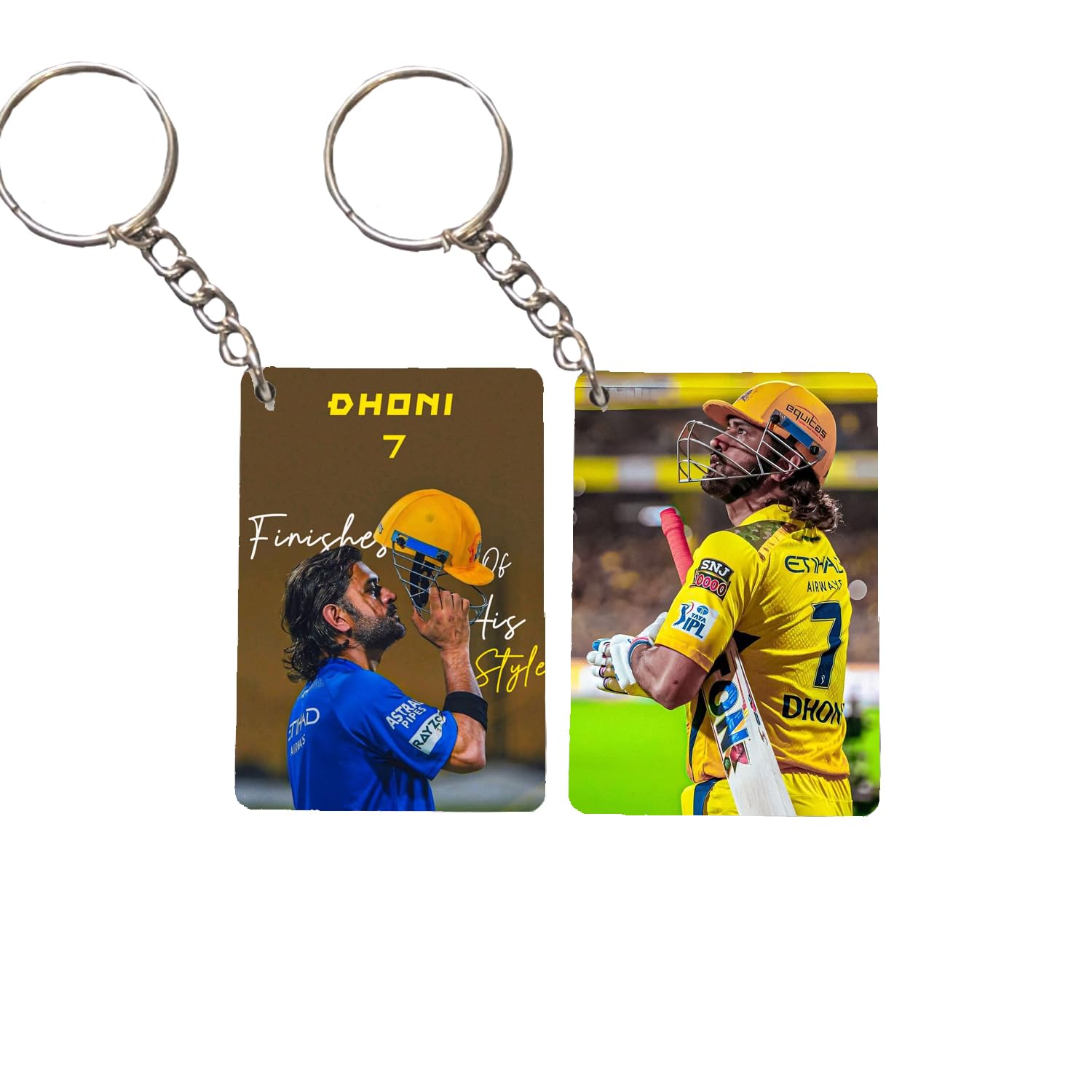 MS Dhoni Cricket Keychain, Wooden MDF, Multicolour Photo Print, Smooth Gloss Finish, 6.5x4.5 cm, (pack of 2)
