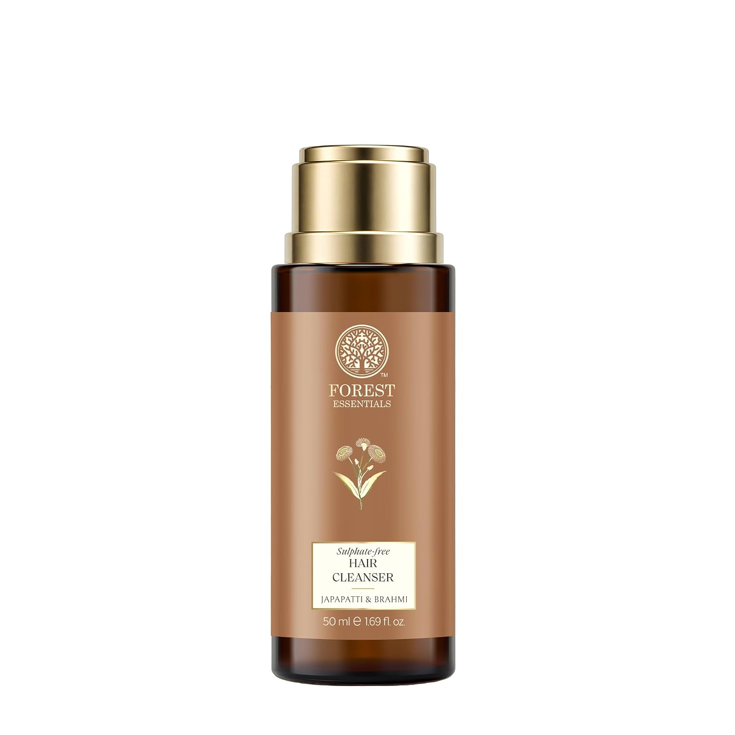 Travel-size Forest Essentials ayurvedic shampoo bottle with Japapatti and Brahmi