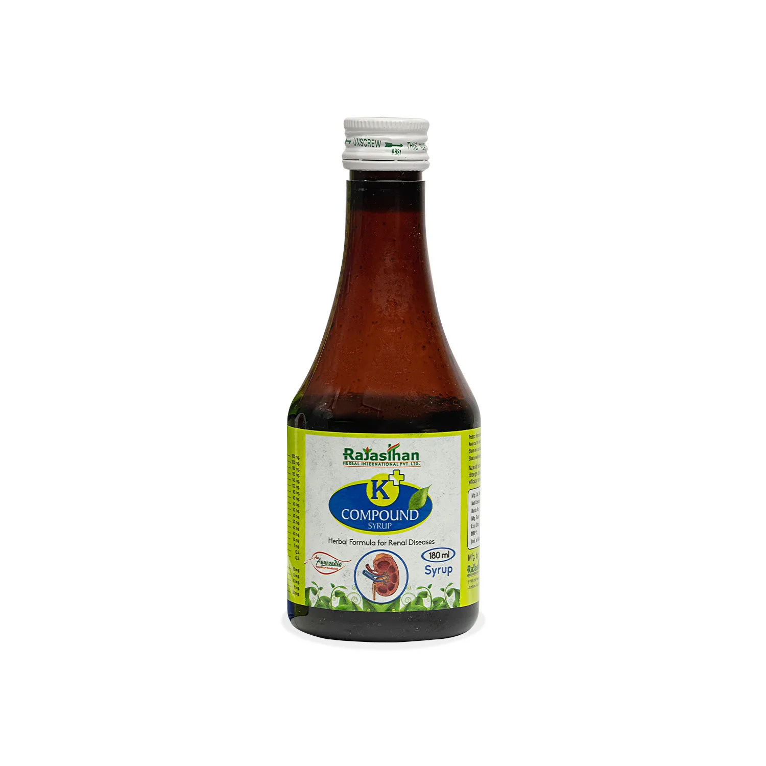 Rajasthan Aushdhalaya K+ Compound Syrup 180 ml | Ayurvedic Kidney Stone Dissolver and Urinary Tract Infection Relief Supplement