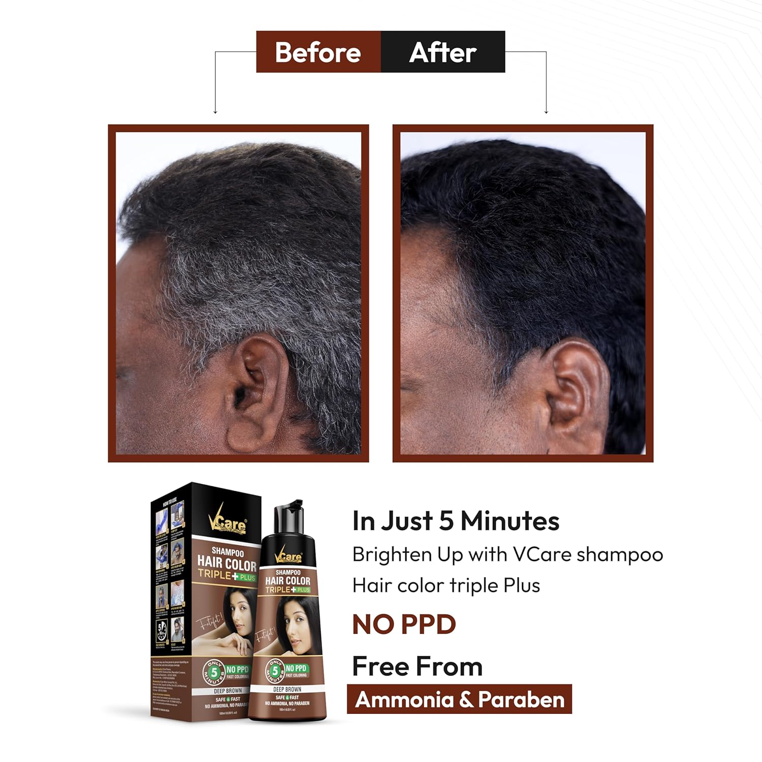 VCare Hair Colour Shampoo for Men and Women, 180ml, Deep Brown – view 3