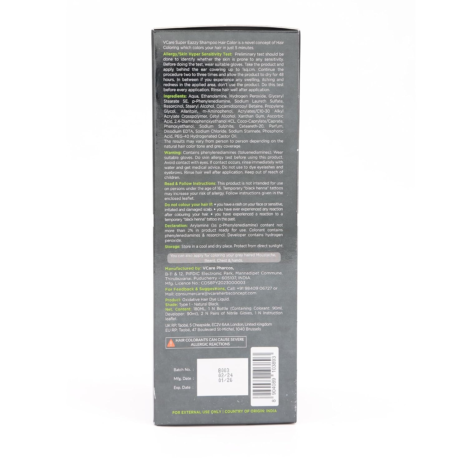 VCare Super Eazzy Hair Colour Shampoo for Women and Men 180ml – view 2
