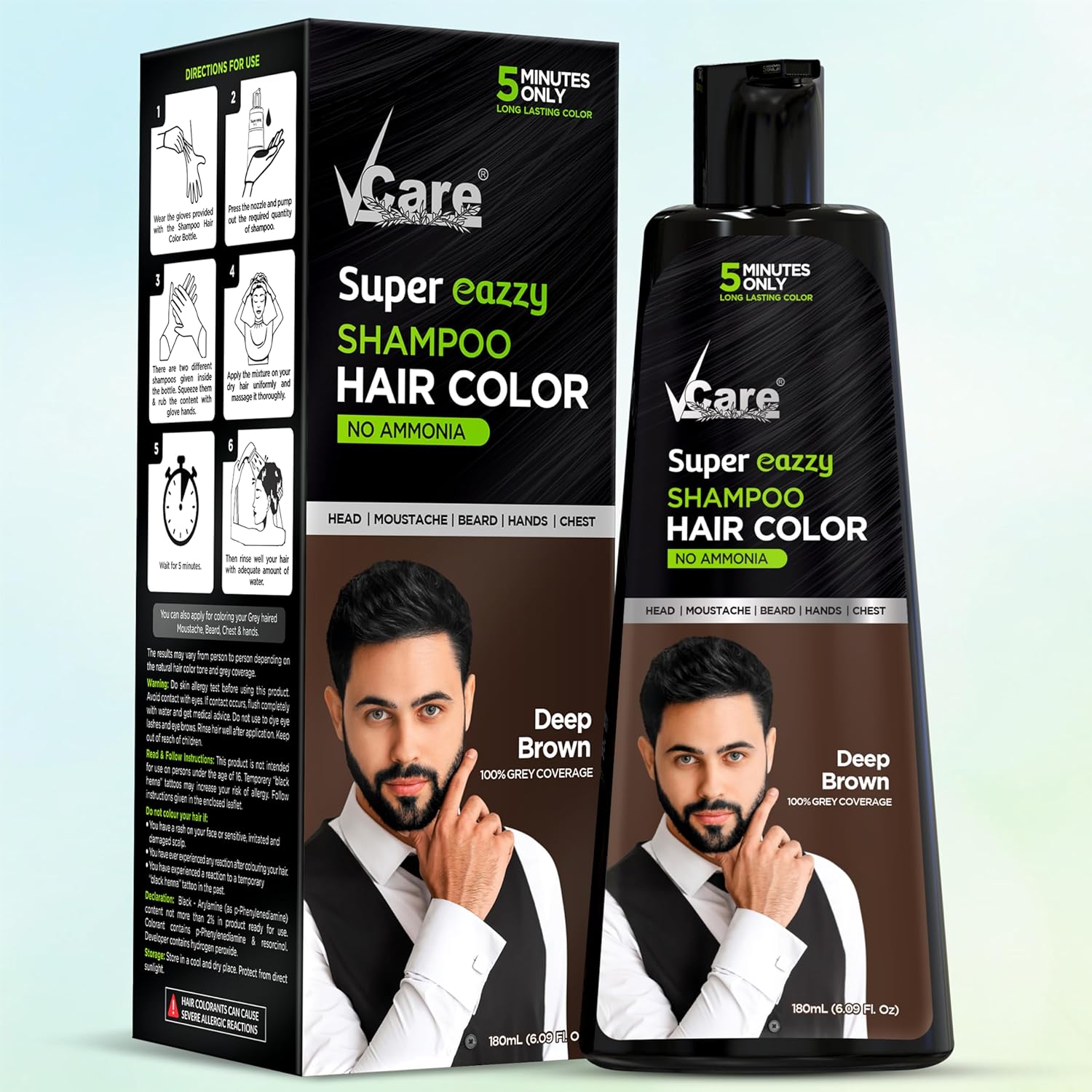 VCare Super Eazzy Hair Colour Shampoo for Women and Men 180ml | Only 5 Minute Root Hair Dye Coloring Kit Head, Moustache, Beard, Hands, Chest | No Parabens, Ammonia And Sulfates (180ml, Brown)