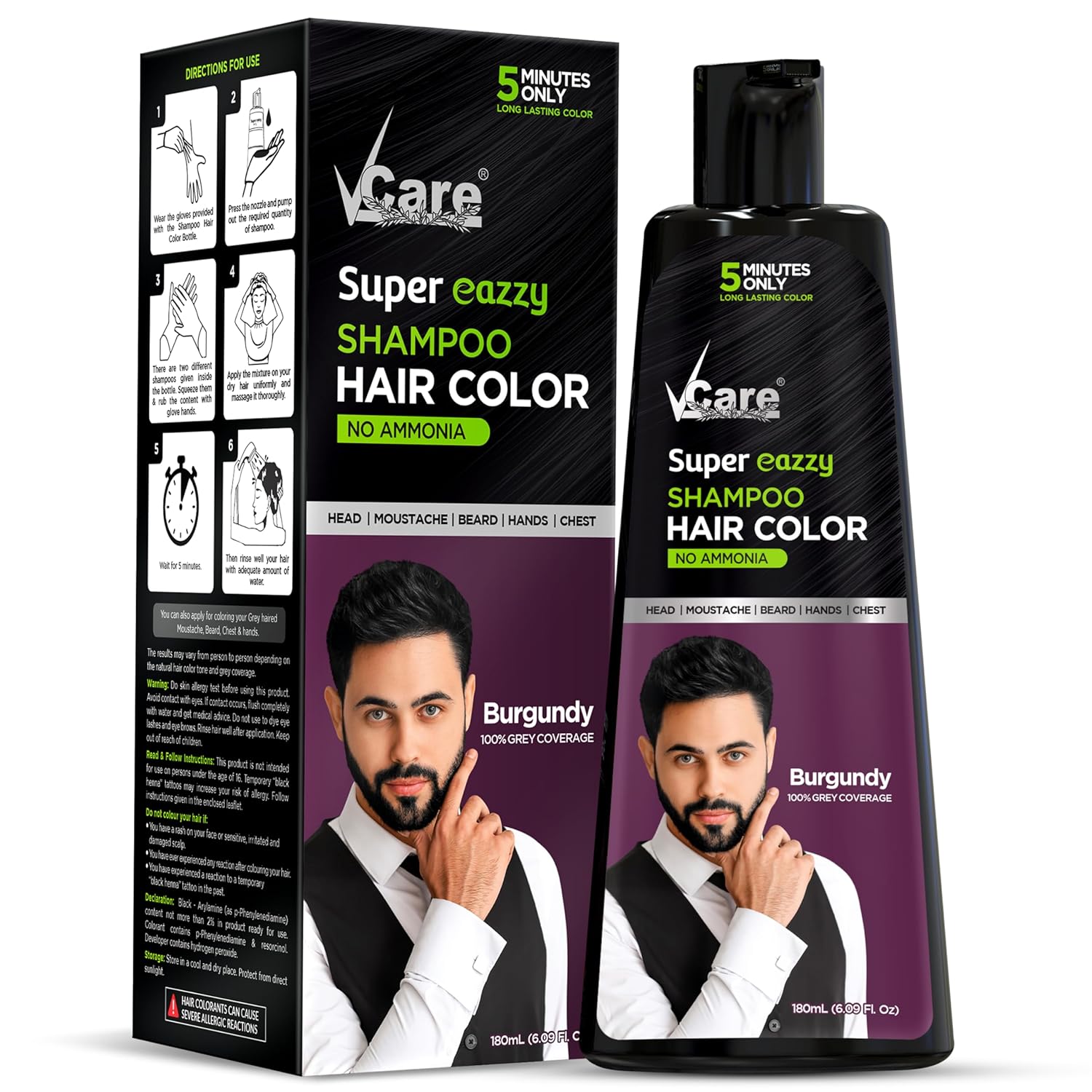 VCare Super Eazzy Hair Colour Shampoo for Women and Men 180ml | Only 5 Minute Root Hair Dye Coloring Kit Head, Moustache, Beard, Hands, Chest | No Parabens, Ammonia And Sulfates (180ml, Burgundy)
