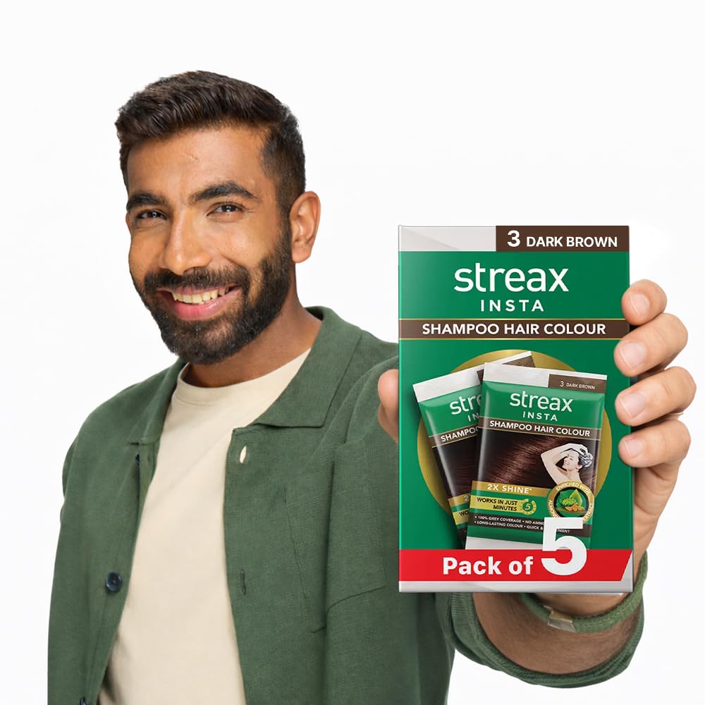 Streax Insta Shampoo Hair Colour Dark Brown for Women and Men, Pack of 5 | Dark Brown Hair Colour | 100% grey coverage in 5 minutes | Long lasting and easy to use