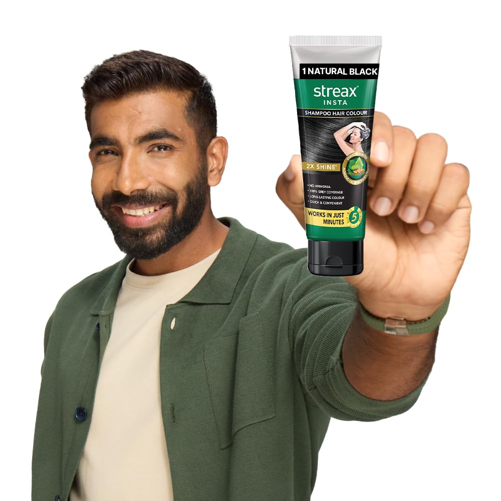 Streax Shampoo Hair Colour, 200 ml I Squeeze Pack with Natural Extracts I Hair colour for Men I Hair colour for Women I Long Lasting Formula I Colours in 5 Minutes, Natural Black