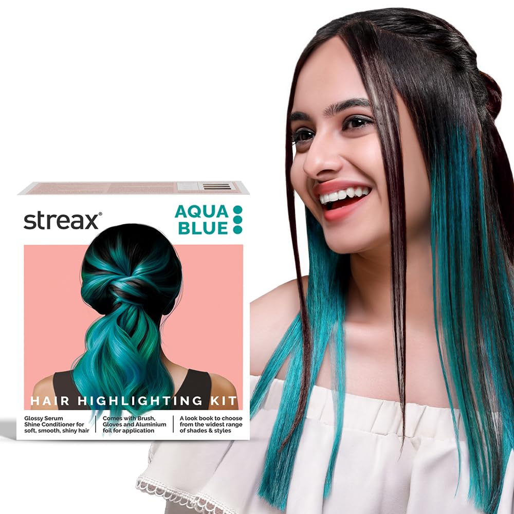 Streax Hair Colour Highlight Kit | Blue Hair Colour, Aqua Blue - Pack of 1 I Enriched with Walnut & Argan Oil | Rich, vibrant, Easy to use, DIY Application