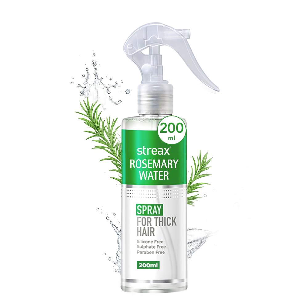 Streax Rosemary Hair Spray - 200ml , 100% Natural Extracts For Hair Growth , Stronger & Thicker Hair, Reduces Hair Fall , Nourishes Scalp & Stimulates Roots , Non-Sticky , Sulphate & Paraben-Free, Rosemary Water Spray for Hair Growth