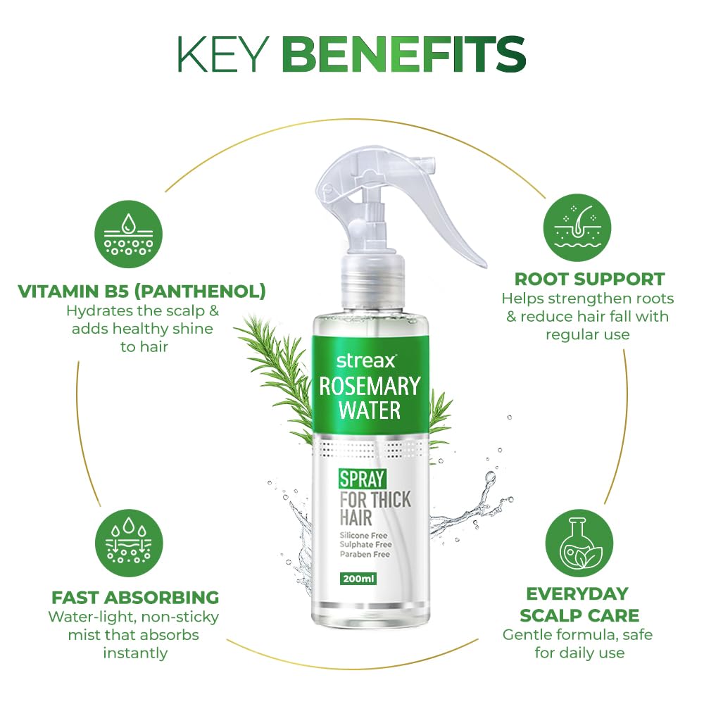 Streax Rosemary Hair Spray - 200ml , 100% Natural Extracts For Hair Growth , Stronger & Thicker Hair, Reduces Hair Fall , Nourishes Scalp & Stimulates Roots , Non-Sticky , Sulphate & Paraben-Free, Rosemary Water Spray for Hair Growth – view 3