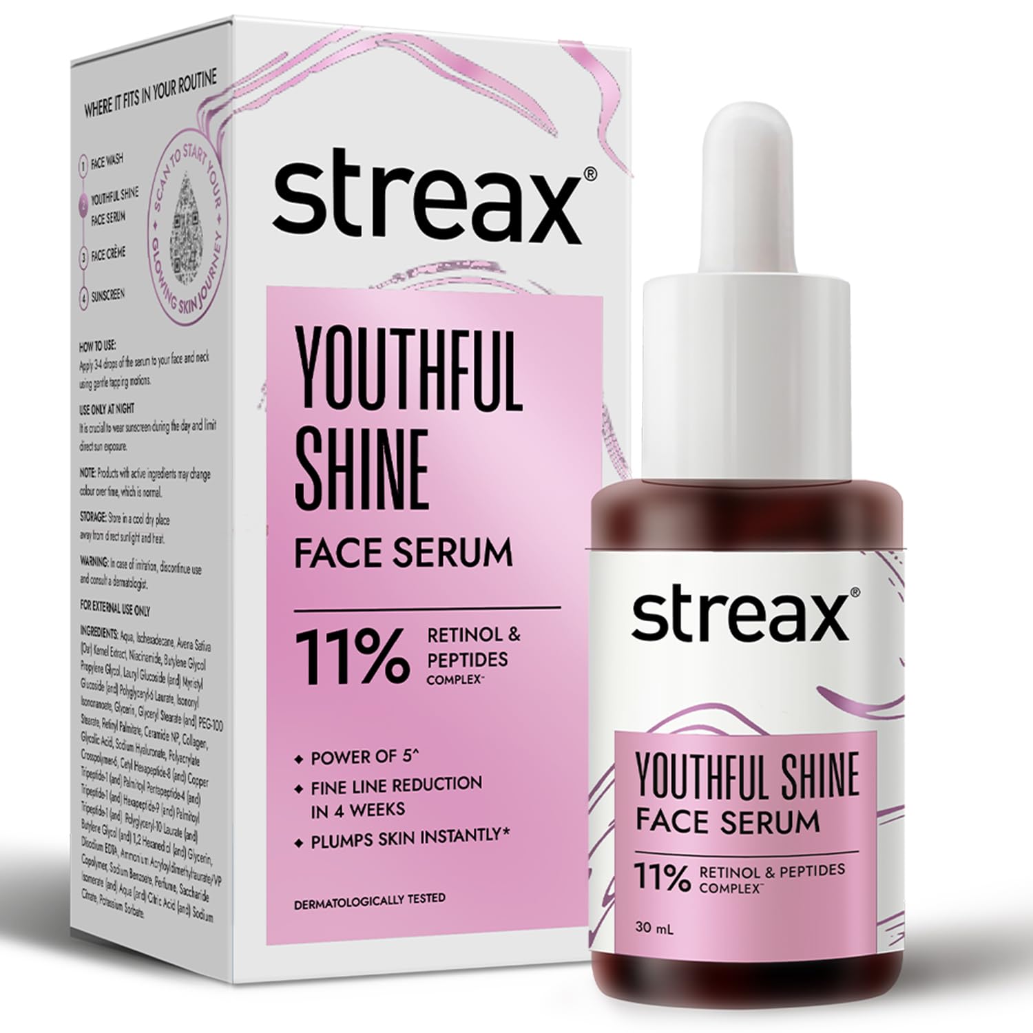 Streax Youthful Shine Face Serum, 30ml |11% Retinol & Peptide Complex | Reduces Fine Lines & Wrinkles | Anti-Ageing Serum | Dark spot removal serum| Reduces Pigementation | For Women & Men