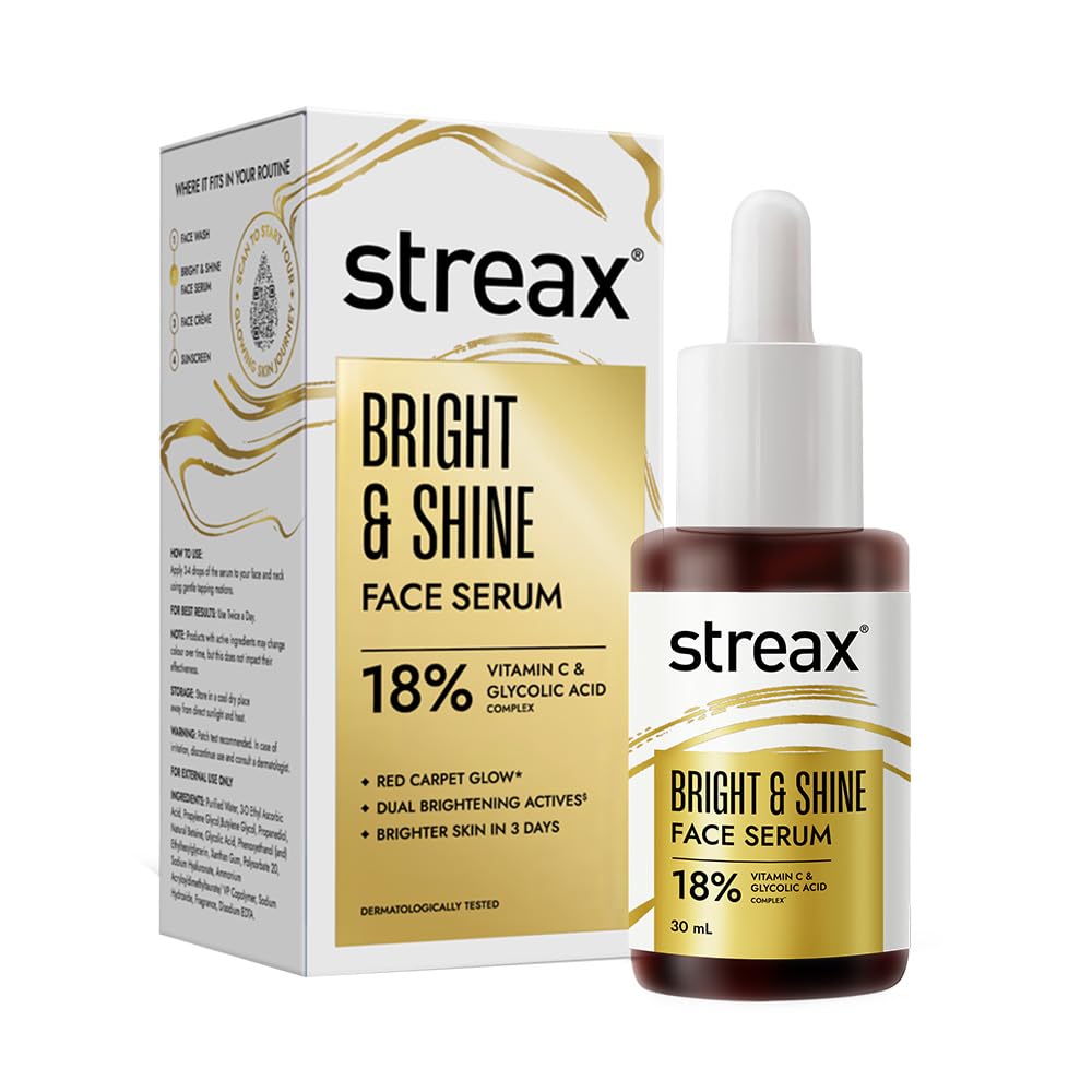 Streax Vitamin C Face Serum, 30 ml | 18% Vitamin C | Dark Spots Reduction | Brighter Skin in 3 Days | Serum for Glowing Skin | Brightening serum | Bright & Shine Face Serum
