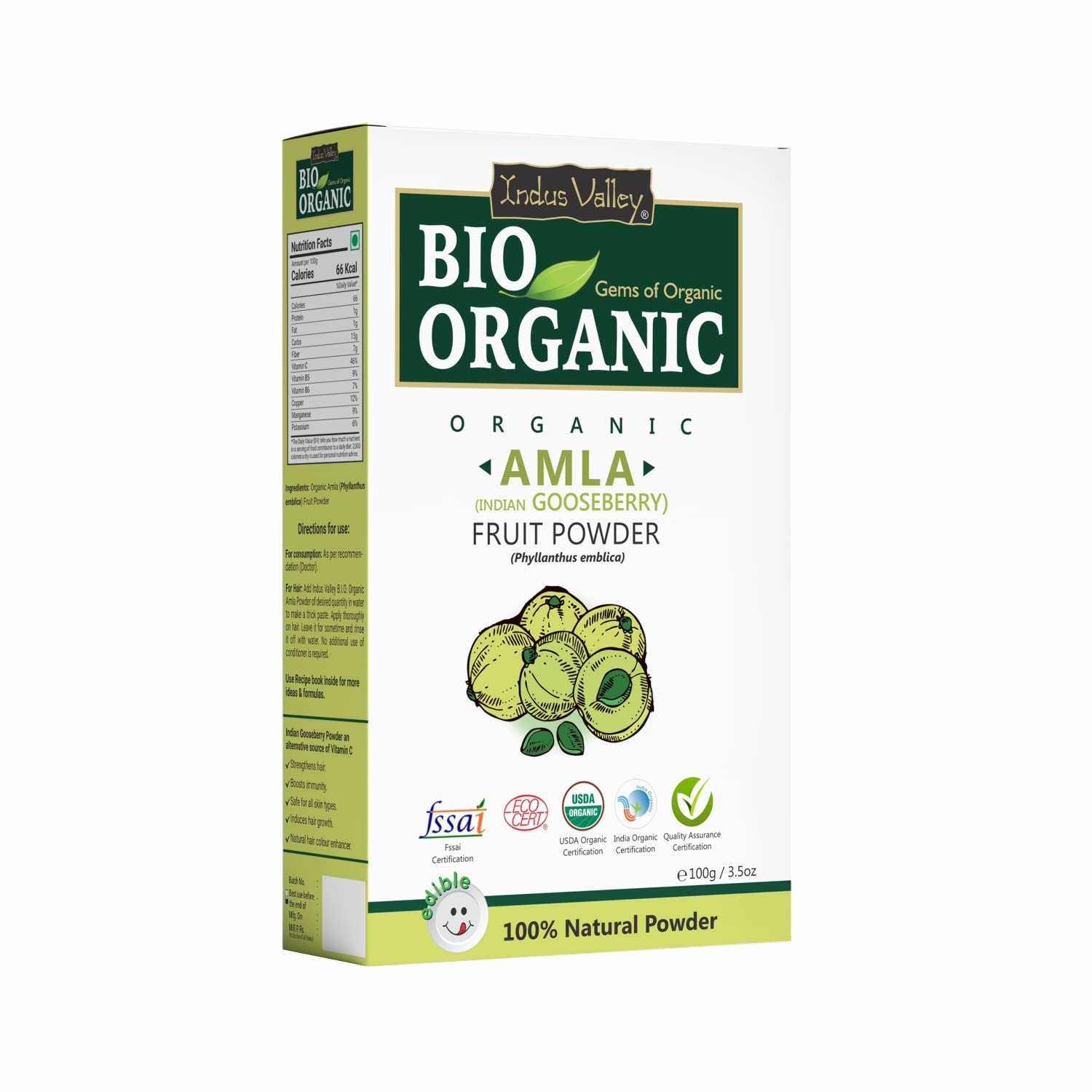 INDUS VALLEY Bio Organic 100% Natural Amla (Indian Gooseberry) Fruit Powder for Hair Growth, Skin Care, Drinking & Eating, Rich in Antioxidants – 100g