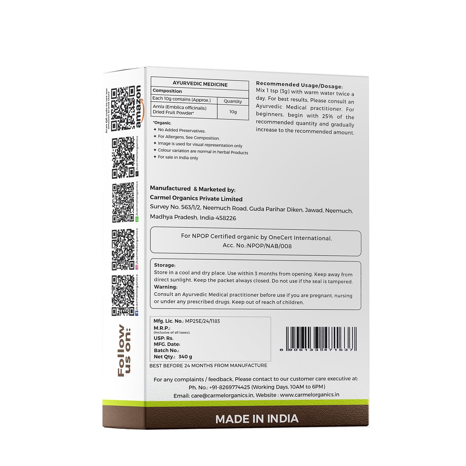 CARMEL ORGANICS Amla Fruit Powder 340 Grams – view 2