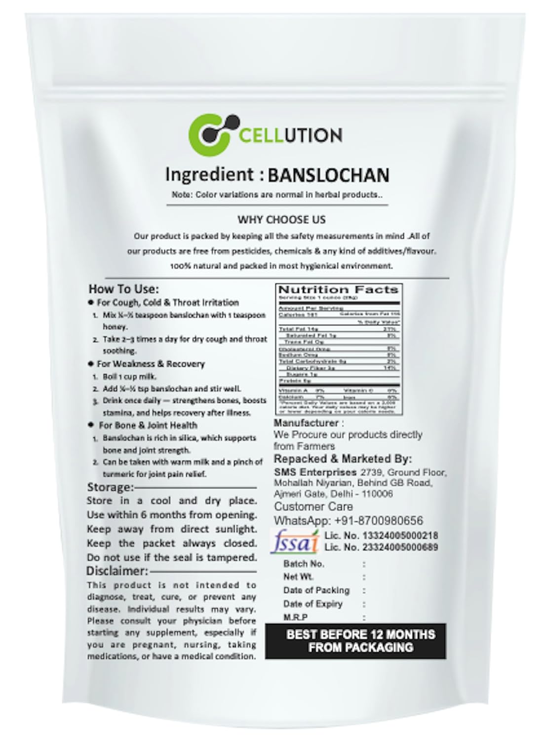 CELLUTION Tabashir - 400gm Banslochan/Vanslochan/Vanshlochan/Tabasheer/Bamboo Silica For Strengthens bones and joints, Cough, Hair & Skin (400 Grams) – view 2