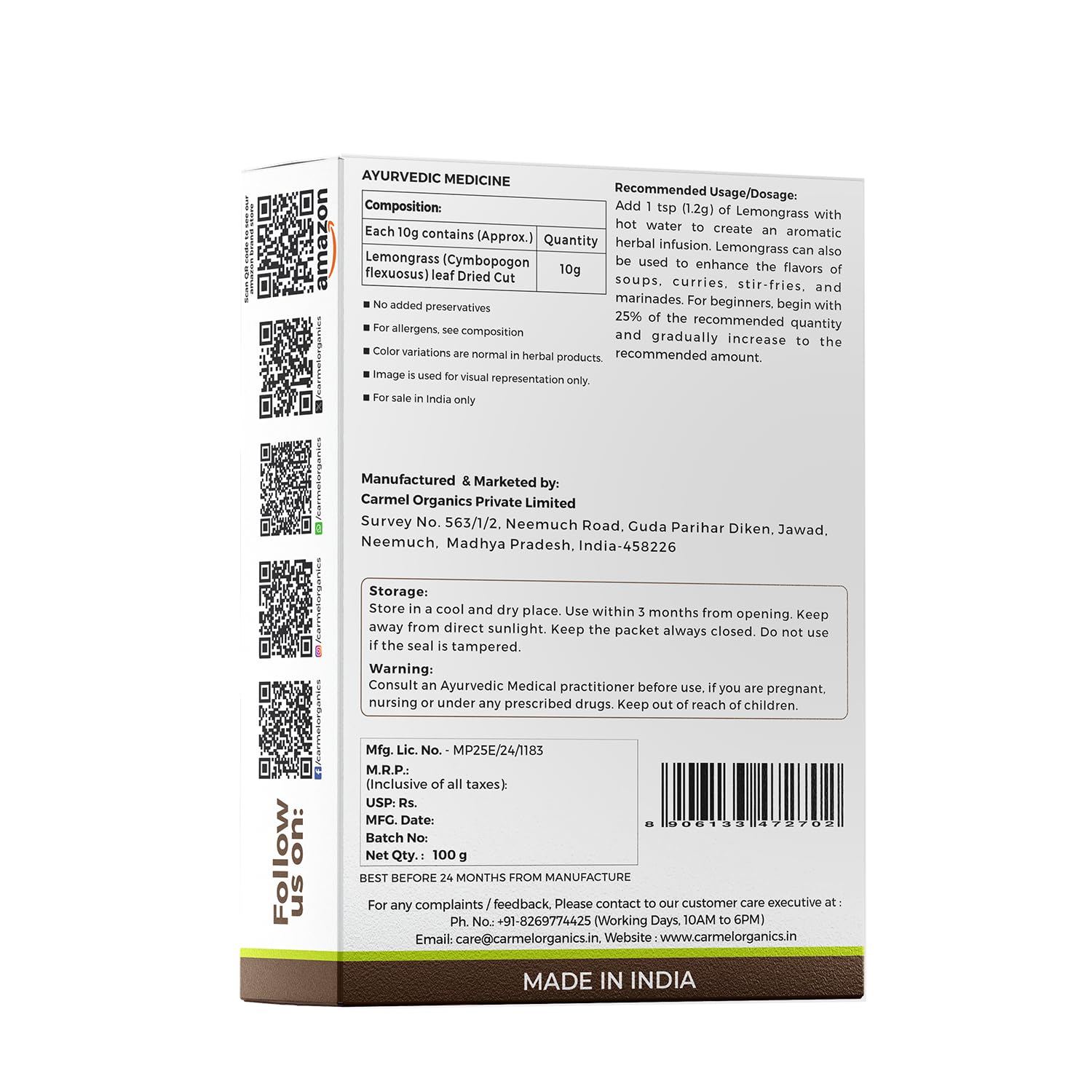 Carmel Organics Lemongrass Whole 100 Gram – view 2