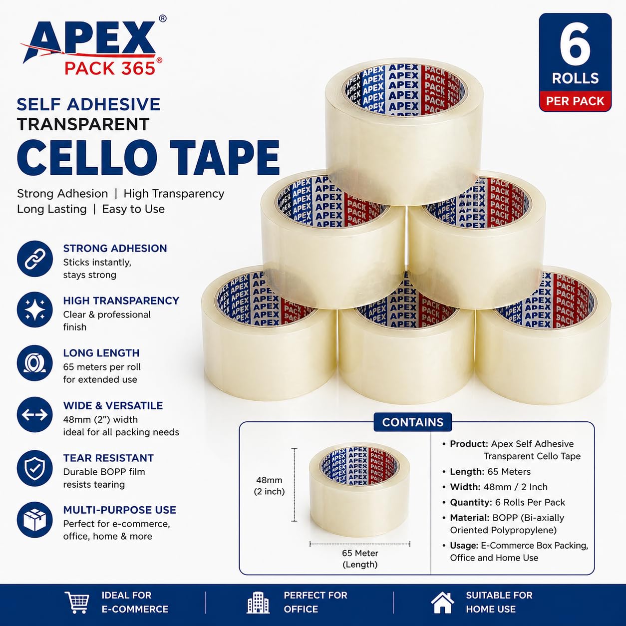 Apex Self Adhesive Transparent Cello Tape, 65 Meters x 48 mm, 6 Rolls, 50 Microns – view 2