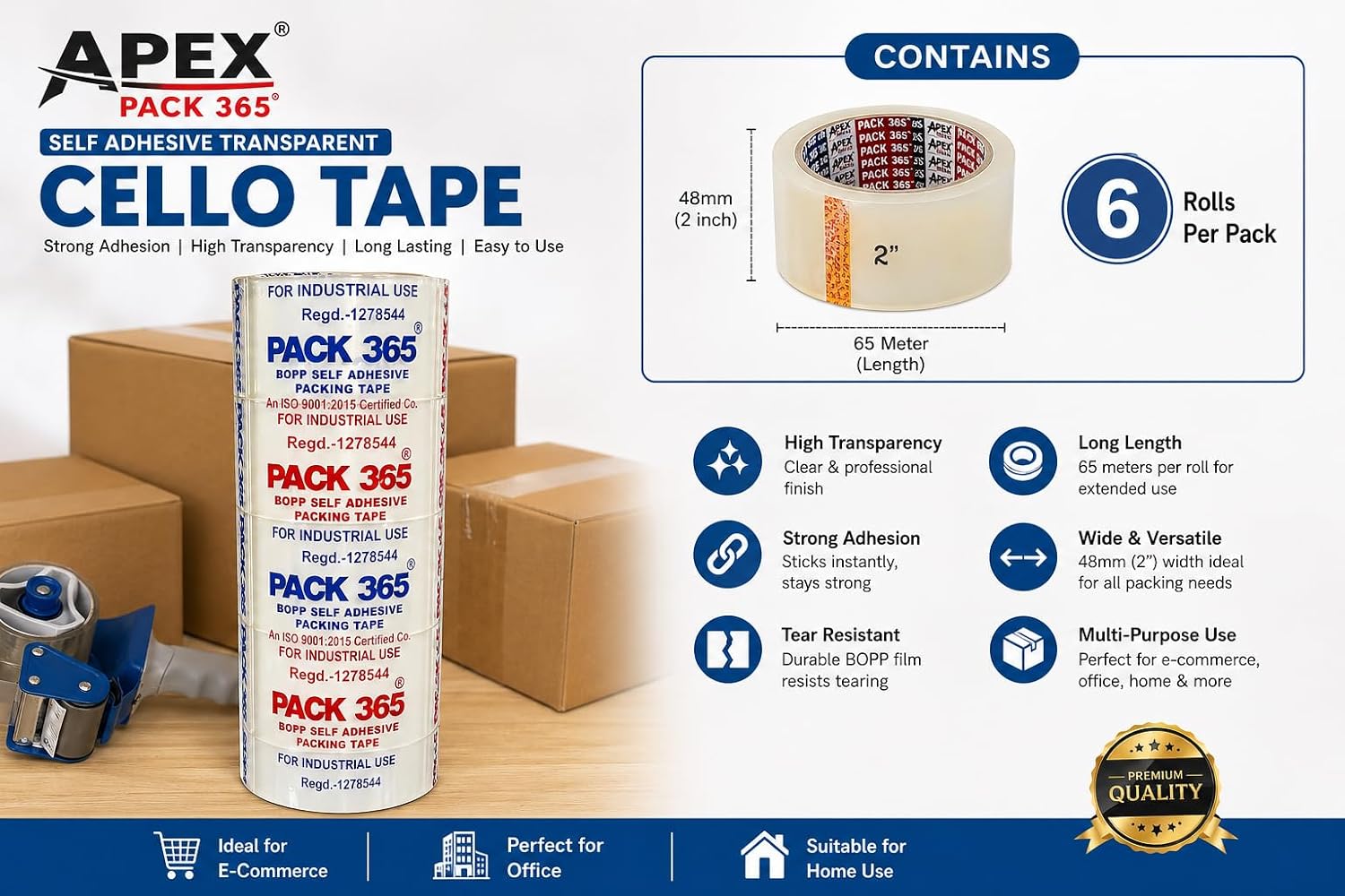 Apex Self Adhesive Transparent Cello Tape, 65 Meters x 48 mm, 6 Rolls, 50 Microns – view 4