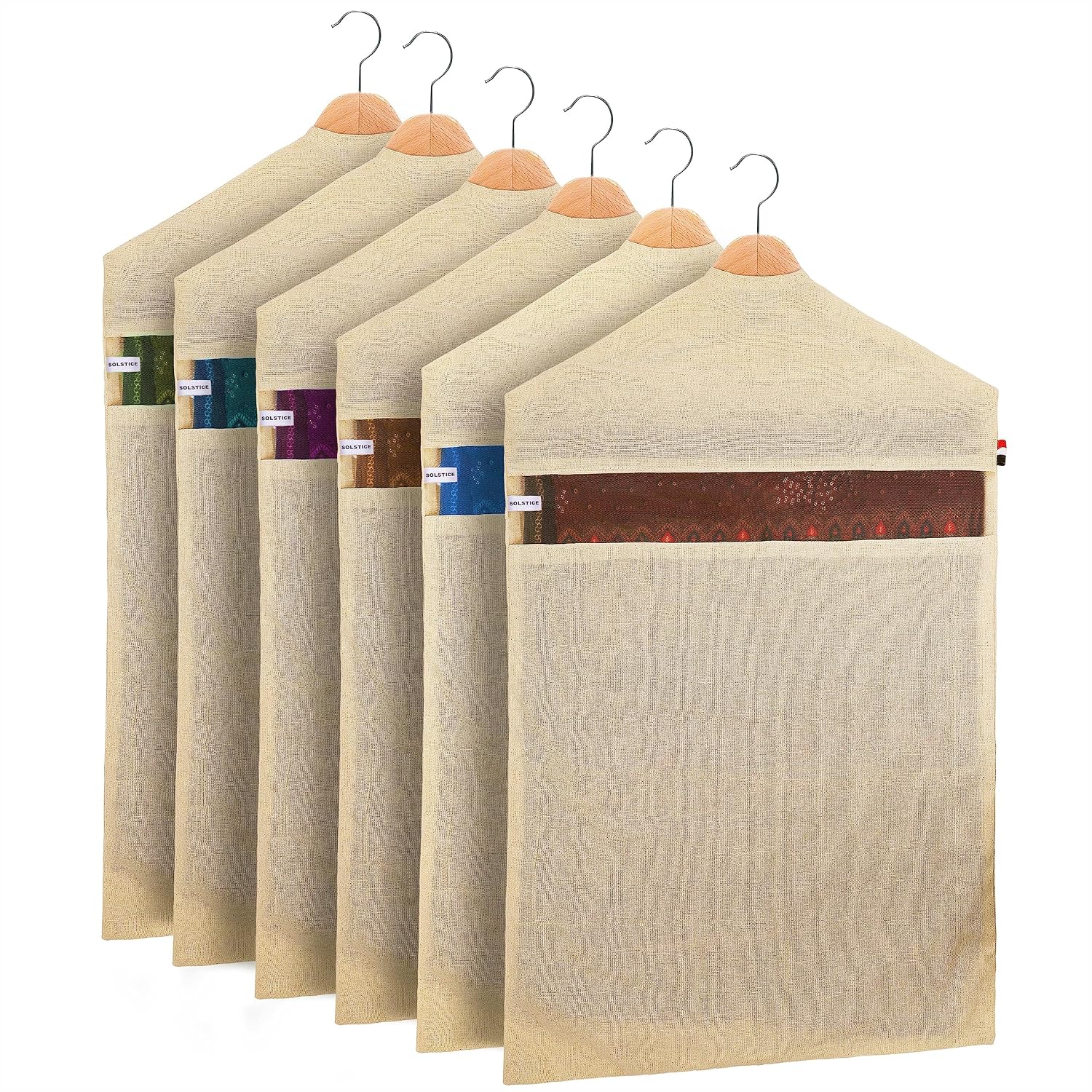 SOLSTICE Hanging Cotton Saree Covers/Bags of 30 x 18 (Inches) For Clothes Storage, Wardrobe Organizer (Hangers Are NOT Included) (Single Pocket - Pack of 6)