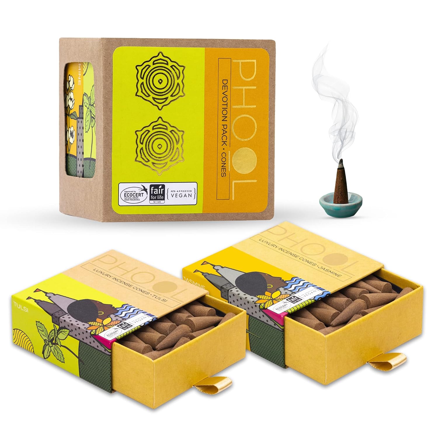PHOOL LUXURY INCENSE Cones-Devotion Pack of 2- Tulsi & Jasmine | Special Pooja dhoop | 80 Dhoopsticks & Free 2 Dhoop Stand Inside