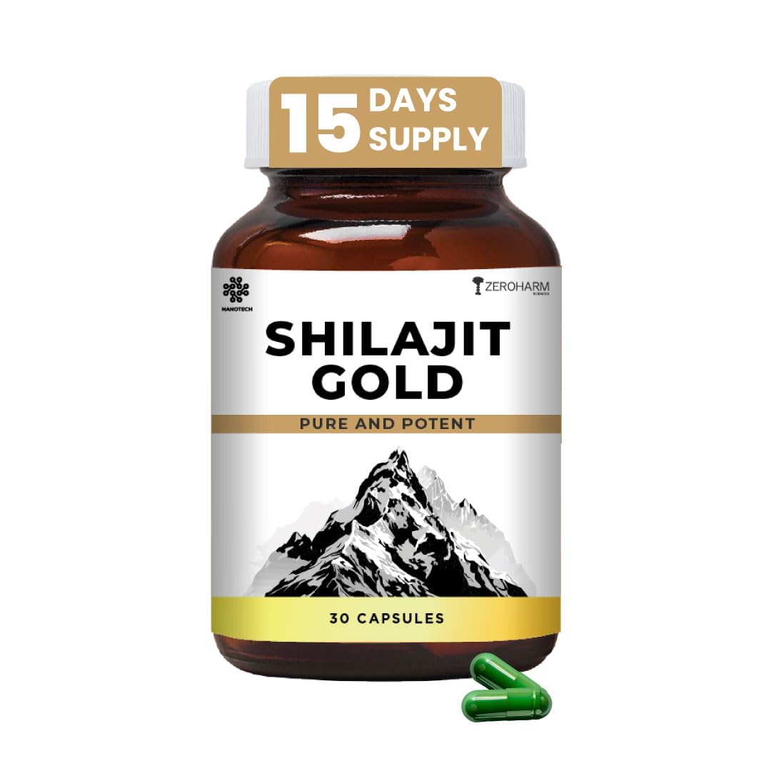 ZEROHARM Nano Shilajit Gold Capsules | Pure Himalayan Shilajit 500mg | Fulvic & Humic Acid | Supports Natural Energy, Stamina & Muscle Growth | Boosts Testosterone Levels for Men | 30 Capsules