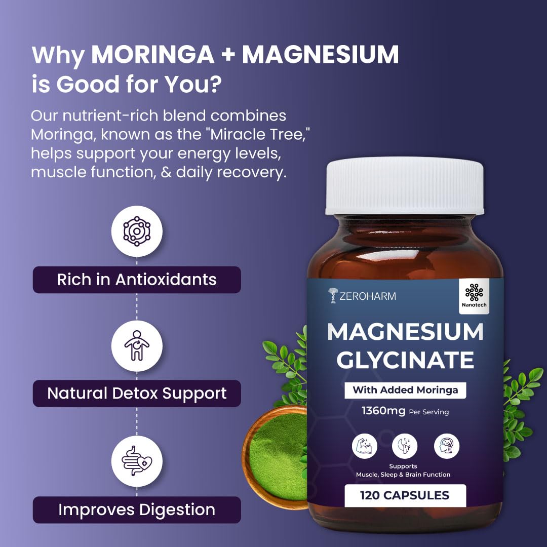 ZEROHARM Magnesium Glycinate Capsules with Moringa, 120 Veg Capsules – view 5