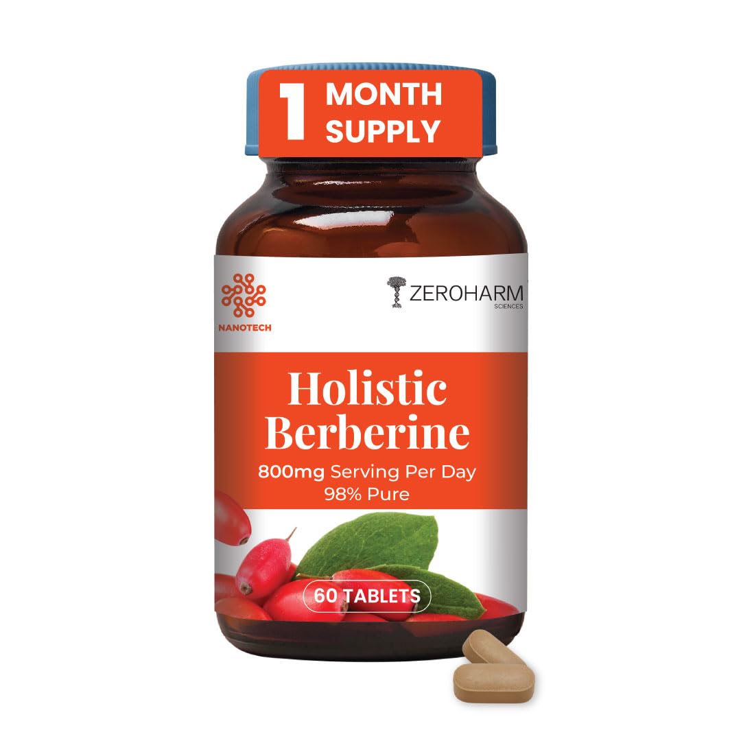 ZEROHARM Holistic Nano Berberine Supplement 98% Pure | Plant-based Berberine Tablets with 800mg per serving | Supports Blood Sugar, Metabolism, Cholesterol Levels & Hormonal Balance | 60 Tablets