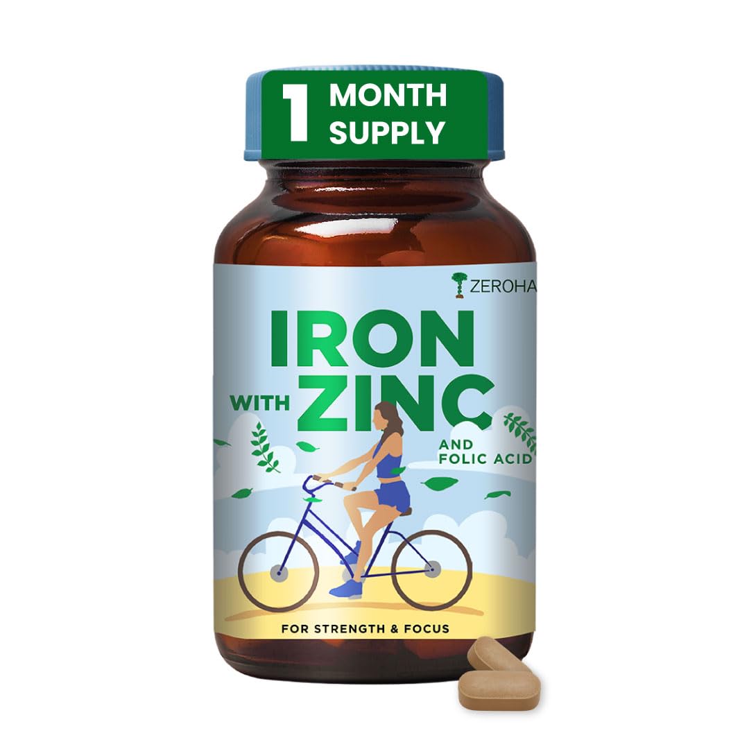 ZEROHARM Iron, Zinc, Folic Acid & Vitamin B12 Tablets | Curry Leaves, Guava, Acerola Cherry | Boosts Hemoglobin Levels | Antioxidant & Immunity Support | Iron Supplement for Men, Women | 60 Tablets