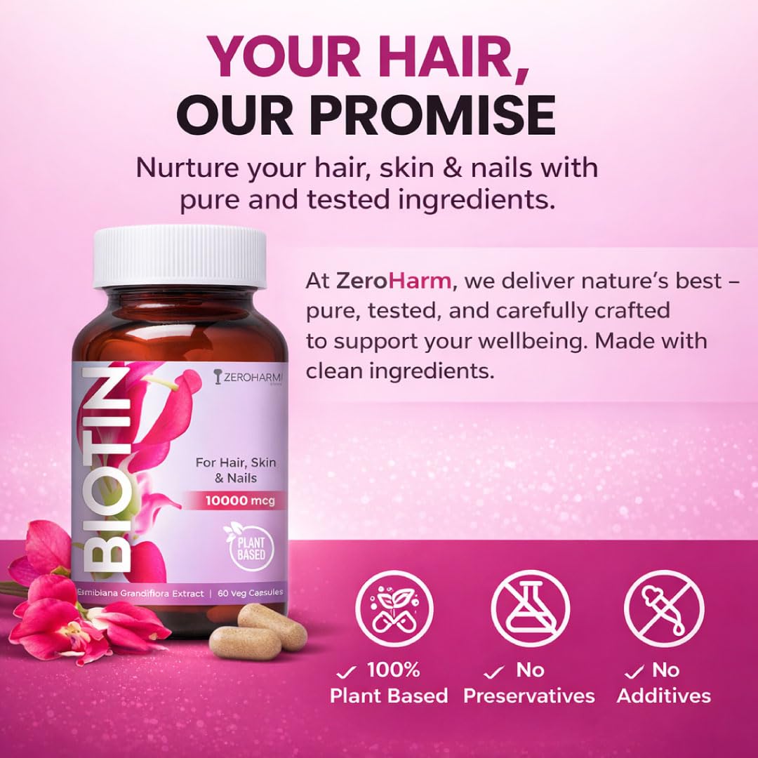ZEROHARM Biotin Tablets for Hair Growth, 10000 mcg Vitamin B7, Plant-Based, 60 Tablets – view 8