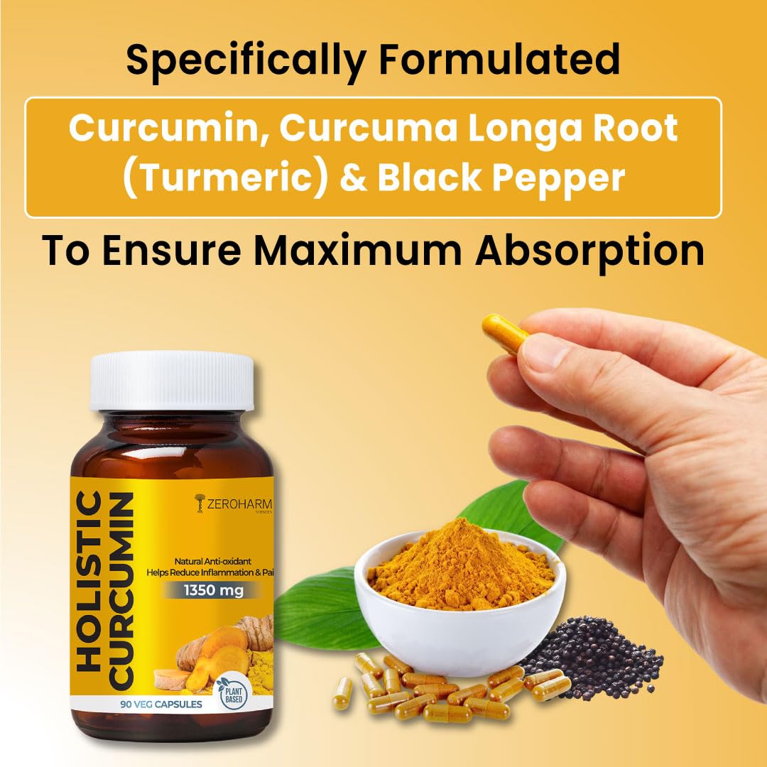 ZEROHARM Holistic Curcumin Capsules 1350 mg, 95% Curcuminoids with Piperine & Black Pepper, 90 Capsules – view 5