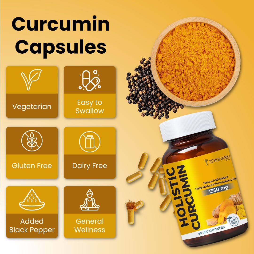 ZEROHARM Holistic Curcumin Capsules 1350 mg, 95% Curcuminoids with Piperine & Black Pepper, 90 Capsules – view 7