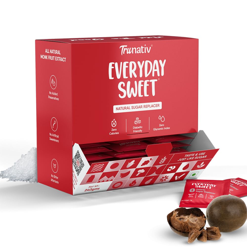 Trunativ Everyday Sweet | Erythritol & Monk Fruit Sweetener Powder | Zero-Calorie Sugar Substitute | 1:1 Sugar Replacer for Cooking & Baking | Keto & Diabetic Friendly | 240g (60 Sachets)