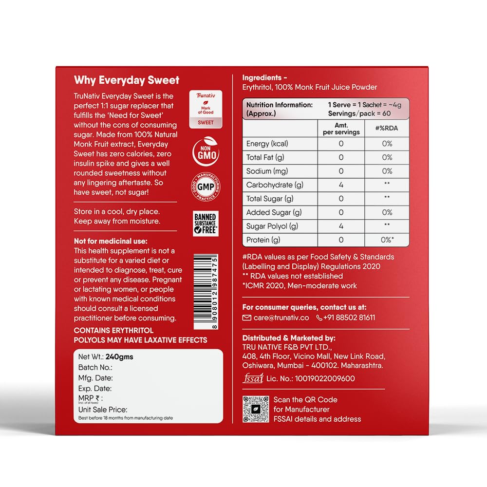 TruNativ Everyday Sweet Monk Fruit & Erythritol Sweetener Powder, 240g (60 Sachets) – view 2